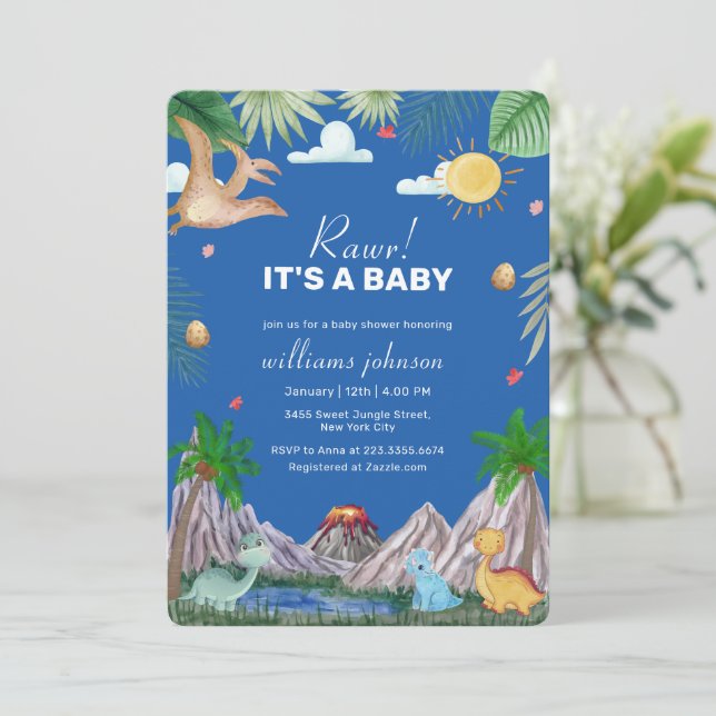 Blue Rawr Volcano Mountain Dinosaur Baby Shower Invitation (Standing Front)