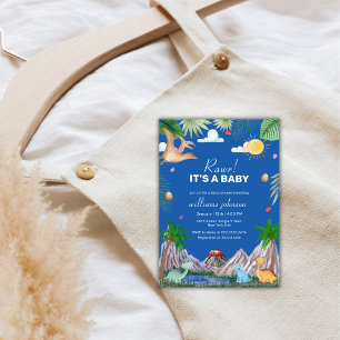 Blue Rawr Volcano Mountain Dinosaur Baby Shower Invitation