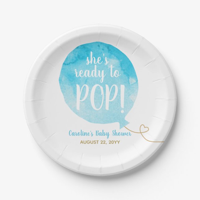 Blue Ready to Pop Balloon Baby Boy Shower Paper Plates (Front)