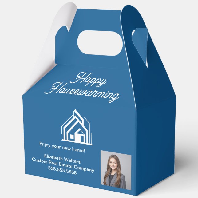Blue Real Estate Company Agent Photo Customized Favor Boxes (Front)
