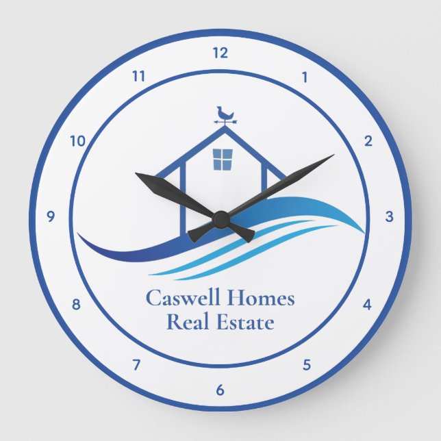 Blue Real Estate Company Modern Logo Custom Office Large Clock (Front)