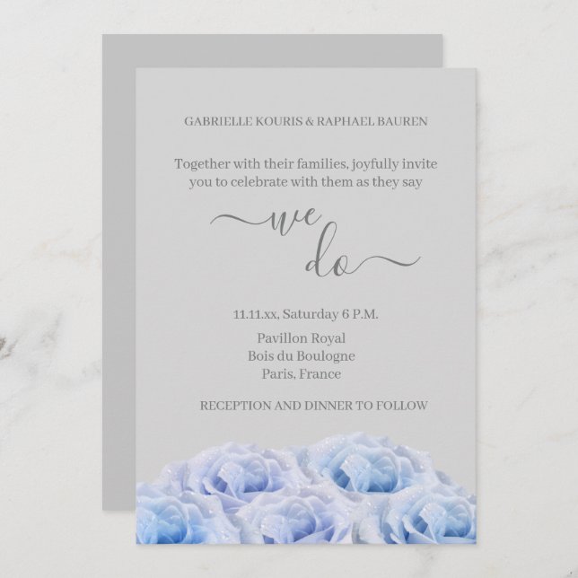 Blue Real Roses Flowers Gray Elegant We Do Wedding Invitation (Front/Back)