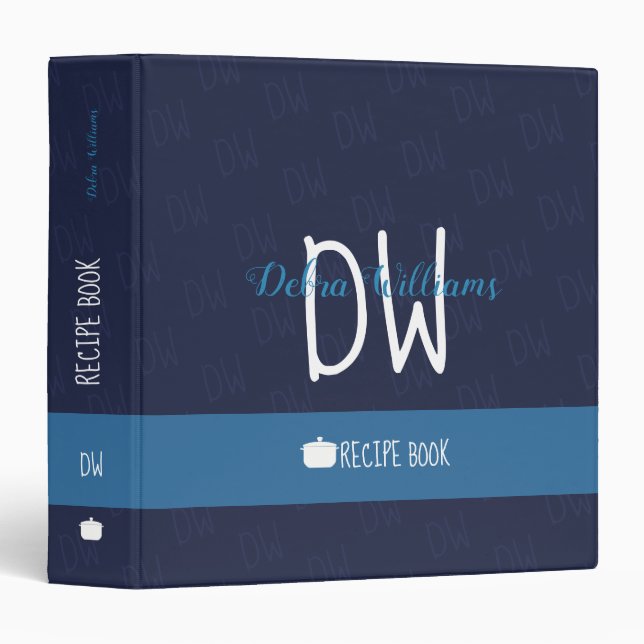 blue recipe book with custom monogram 3 ring binder (Front/Spine)