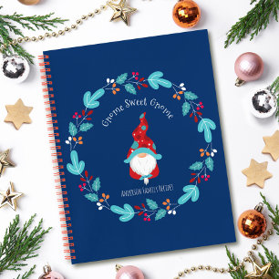 Blue Recipe Cookbook Holiday Gnome Floral Wreath Notebook