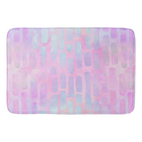 Blue Rectangle Shapes on Pink Background Bath Mat