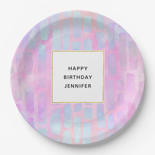 Blue Rectangle Shapes on Pink Background Birthday Paper Plates (Front)