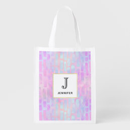 Blue Rectangle Shapes on Pink Background Grocery Bag