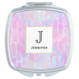 Blue Rectangle Shapes on Pink Background Monogram Compact Mirror