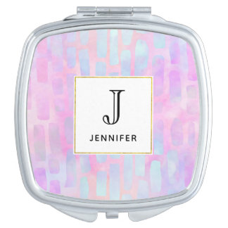 Blue Rectangle Shapes on Pink Background Monogram Compact Mirror
