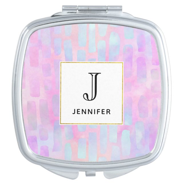 Blue Rectangle Shapes on Pink Background Monogram Compact Mirror (Front)
