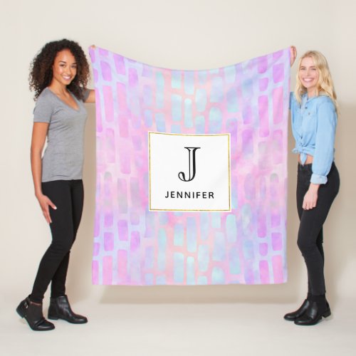 Blue Rectangle Shapes on Pink Background Monogram Fleece Blanket