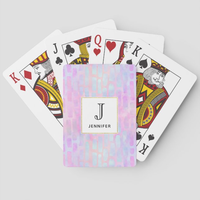 Blue Rectangle Shapes on Pink Background Monogram Poker Cards (Back)