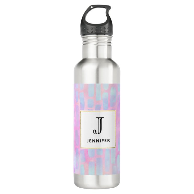 Blue Rectangle Shapes on Pink Background Monogram Stainless Steel Water Bottle (Front)
