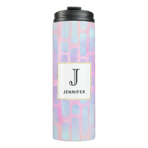 Blue Rectangle Shapes on Pink Background Monogram Thermal Tumbler