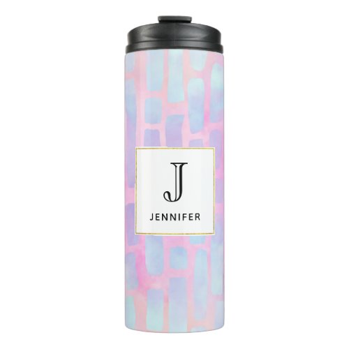 Blue Rectangle Shapes on Pink Background Monogram Thermal Tumbler