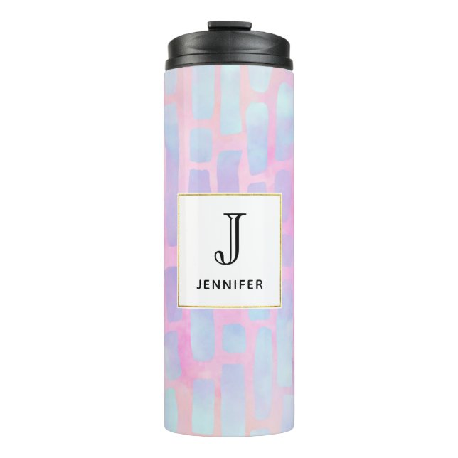 Blue Rectangle Shapes on Pink Background Monogram Thermal Tumbler (Front)