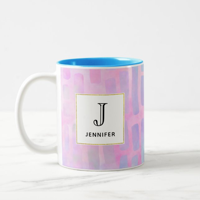 Blue Rectangle Shapes on Pink Background Monogram Two-Tone Coffee Mug (Left)