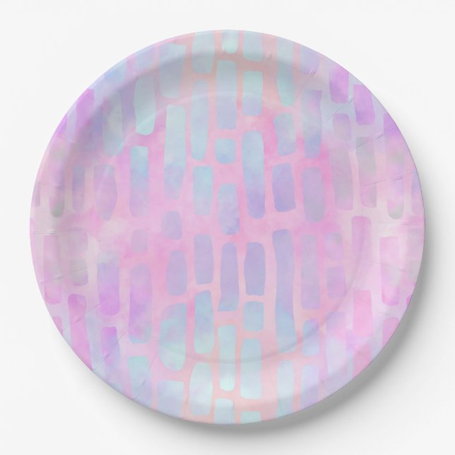 Blue Rectangle Shapes on Pink Background Paper Plates (Front)