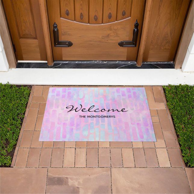 Blue Rectangle Shapes on Pink Background  Welcome Doormat (Outdoor)