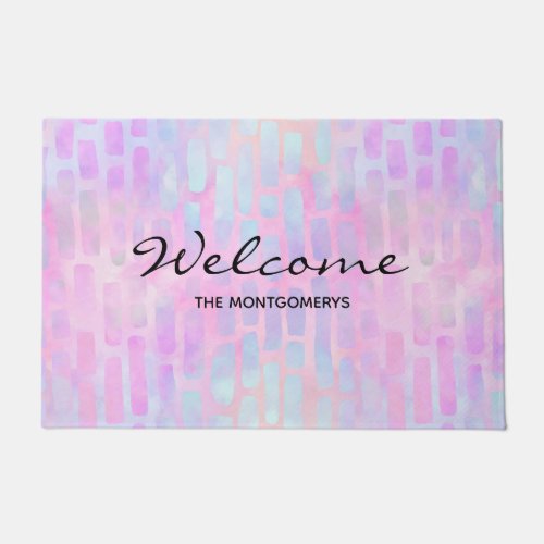 Blue Rectangle Shapes on Pink Background  Welcome Doormat