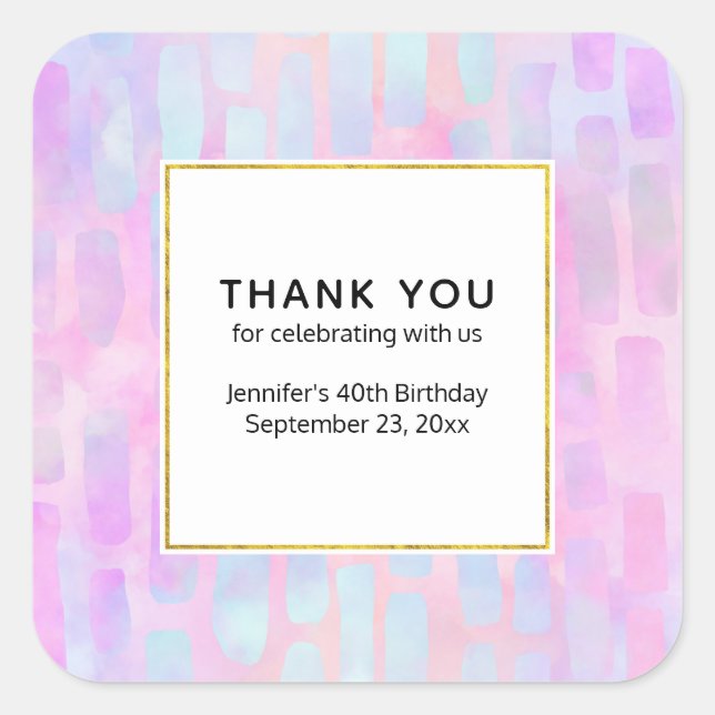 Blue Rectangle Shapes on Pink Party Thank You Square Sticker (Front)
