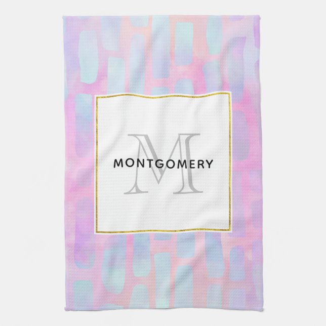Blue Rectangle Shapes Pattern Monogram Kitchen Towel (Vertical)