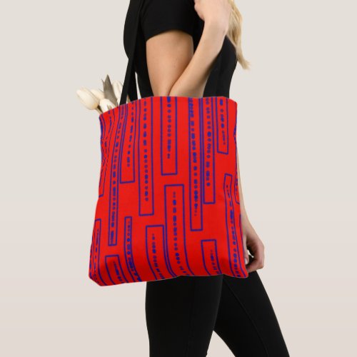 Blue rectangles on red  tote bag