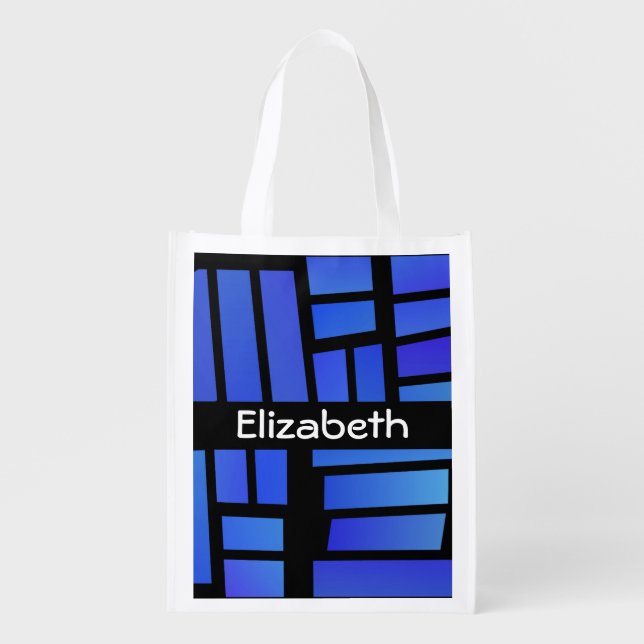 Blue Rectangular Tiles Personalized Grocery Bag (Front)