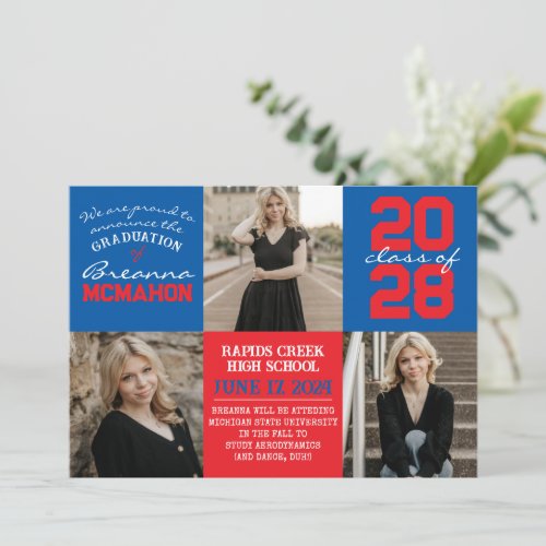 Blue  Red 4 Photo Graduation Announcement 