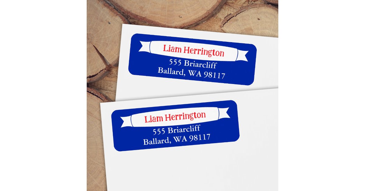 Blue & Red Address Label with Banner | Zazzle