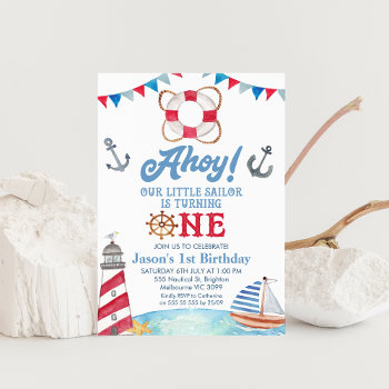 Blue Red Ahoy Our Little Sailor 1st Birthday  Invitation by Sugar_Puff_Kids at Zazzle