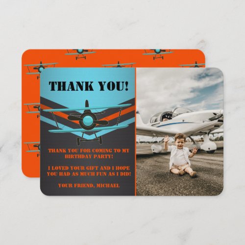 Blue Red Airplane Aviation Birthday Photo Thank You Card