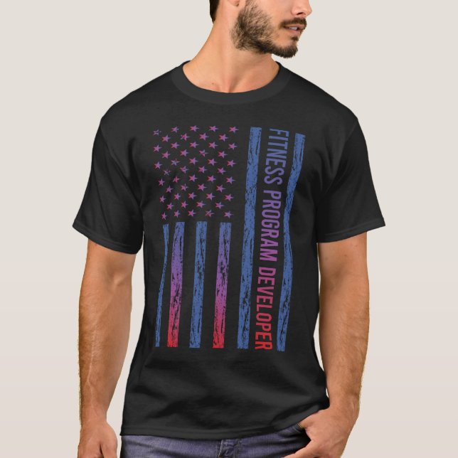 Blue Red American Flag Fitness Program Developer T-Shirt (Front)