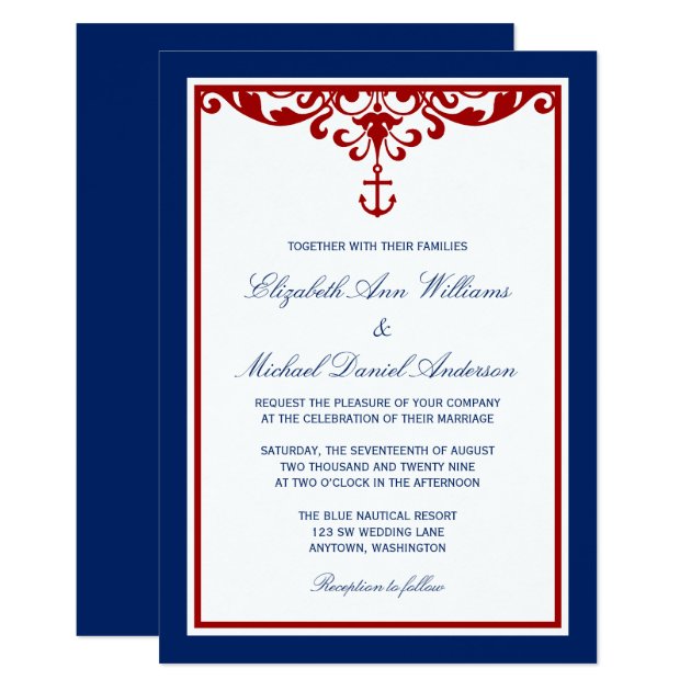 Blue Red Anchor Flourish Nautical Wedding Invitation