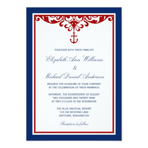 Blue Red Anchor Flourish Nautical Wedding Invitation