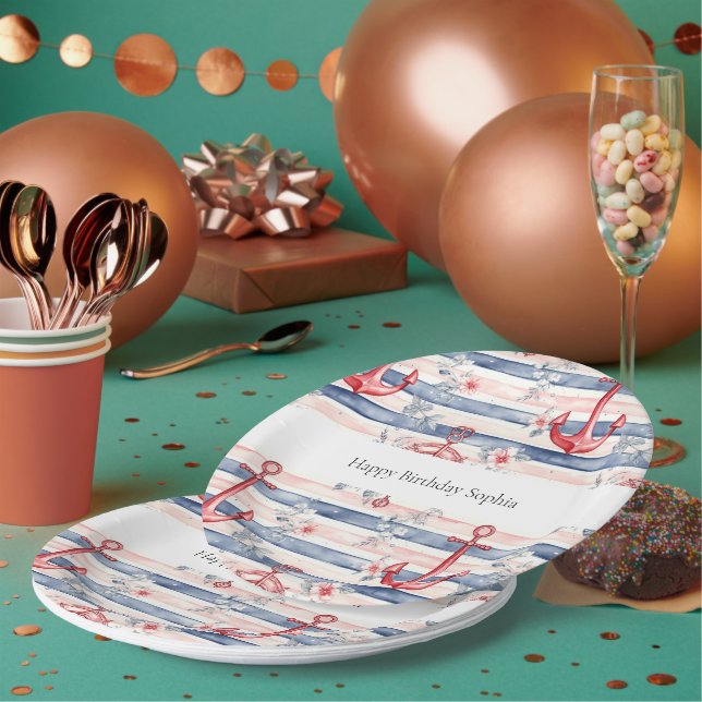 Blue Red Anchors Floral Stripes Beach Birthday Paper Plates (Multi)