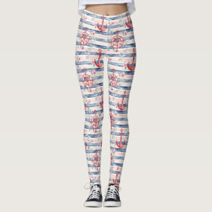 Blue Red Anchors Floral Stripes Beach Leggings