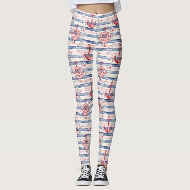 Blue Red Anchors Floral Stripes Beach  Leggings (Front)