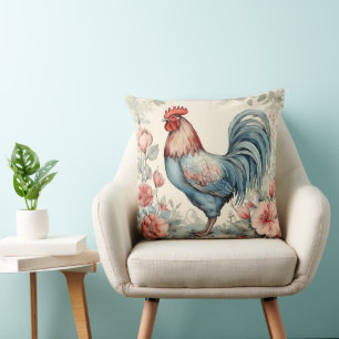 Blue Red and Cream AI Charming Rooster Throw Pillow