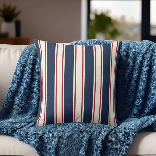 Blue, Red and Cream Vertical Cabana Stripe Throw Pillow