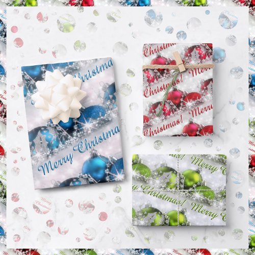 Blue Red and Green Merry Christmas Ornaments Wrapping Paper Sheets