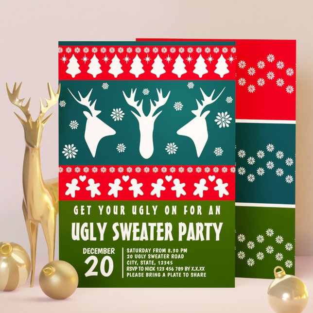 Blue Red and Green Reindeer Ugly Sweater Party Invitation (Blue Red and Green Reindeer Ugly Sweater Party Invitation)