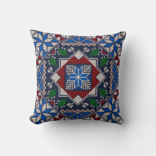 Blue,Red and Green Tatreez Pattern Throw Pillow