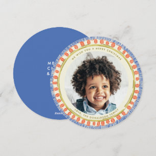 Blue Red and Green Watercolor Fringe Photo Circle Holiday Card