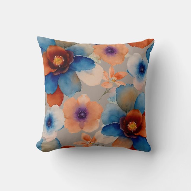 Blue, Red and orange Floral Throw Pillow (Front)