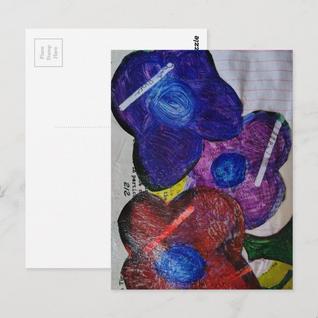 Blue Red and Purple Flowers Mixed Media Collage Postcard (Front/Back)