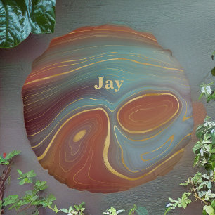 Blue Red and Tan Agate Look with Gold Round Pillow