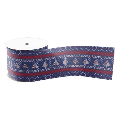 Blue  Red and White Christmas Tree Knitted Pattern Grosgrain Ribbon