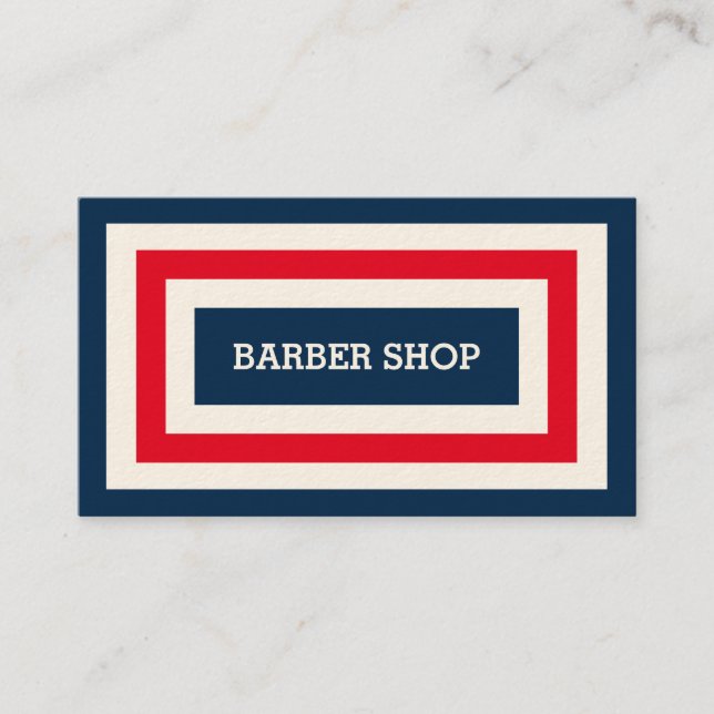 Blue red and white frame barber shop business card (Front)