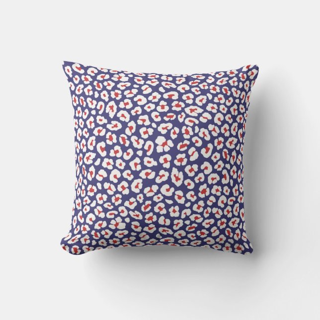 Blue, Red and White Leopard Print Outdoor Pillow (Front)